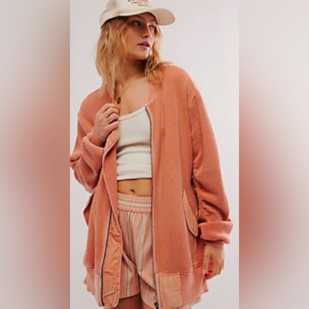 Free People Rust Zip-Front Waffle Knit Cardigan XL